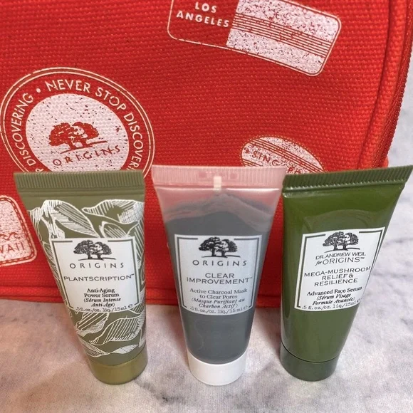 Origins Skincare Set-Red Pouch,Mask,Cleansers,Serums,Anti-Age,Eye Cream-15pc-NEW